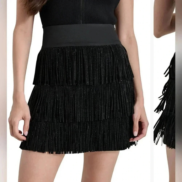 DKNY black studded suede fringe detailmini skirt. SZ 2 rock star Punk Western